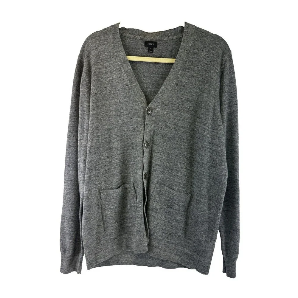 J Crew Boyfriend Cardigan Sweater Lightweight Gray Button V-Neck Patch Pockets L